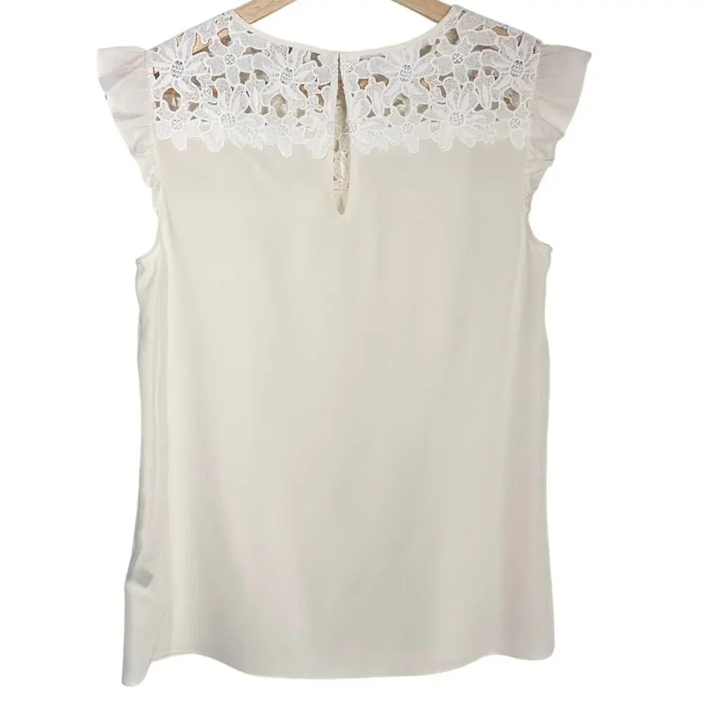 Kate Spade Silk Sleeveless Ruffle Floral Lace Top | Cream | SZ XS